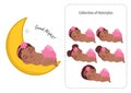 Black Baby Girl Sleeping Collection Cartoon Character Vector