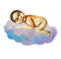 Black baby newborn sleeping on a cloud, watercolor illustration isolated