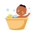 Black baby washing. African american toddler have bath. Newborn child, Little kid in bubble water with duck rubber toy