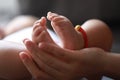 Black  background mother mom hold son new-born baby feet on palm hand maternal love family happiness concept Royalty Free Stock Photo