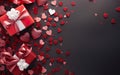 Black background banner with gift boxes, scattered red hearts and glitter decorations. Royalty Free Stock Photo