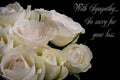 Deepest condolence white flowers on black background with text Royalty Free Stock Photo