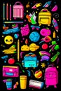 Black background with bunch of different items on it, including backpacks, books, pencils, and other items. Generative Royalty Free Stock Photo