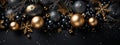 Black Background with Black Christmas Balls and a Swirl of Golden Glitter to Create Festive Atmosphere...Refined Frame on Black Royalty Free Stock Photo