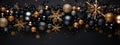 Black Background with Black Christmas Balls and a Swirl of Golden Glitter to Create Festive Atmosphere...Refined Frame on Black Royalty Free Stock Photo