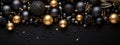 Black Background with Black Christmas Balls and a Swirl of Golden Glitter to Create Festive Atmosphere...Refined Frame on Black Royalty Free Stock Photo