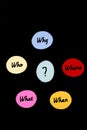 W questions on colored notes, black background 4 Royalty Free Stock Photo