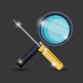 Black background of colorful pair crossed magnifying glass and screwdriver