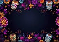 Vibrant skull and flower patterns on a dark background