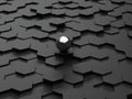 Black background of 3d hexagons and steel sphere