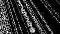 Black background with dynamic numbers counting, numerical code algorithm data processing, statistics computational digital