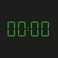 Black background electronic clock with four green numbers and time 00:00 - repeating zero, nil