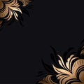 Black background with elegant stylized golden flowers in the corners, a template for covers