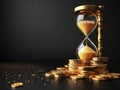 A black background features a 3D rendered hourglass and a stack of gold coins Royalty Free Stock Photo