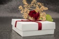 black background with gift box and red rose