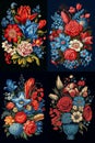 a set of four pictures, a bouquet of various bright colors, on a black background. Royalty Free Stock Photo