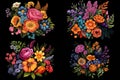 a set of four pictures, a bouquet of various bright colors, on a black background. Royalty Free Stock Photo