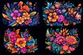 a set of four pictures, a bouquet of various bright colors, on a black background. Royalty Free Stock Photo