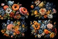 a set of four pictures, a bouquet of various bright colors, on a black background. Royalty Free Stock Photo