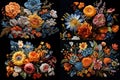 a set of four pictures, a bouquet of various bright colors, on a black background Royalty Free Stock Photo