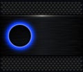 Black background with glowing blue button, dark brushed metal banner on perforated holes pattern