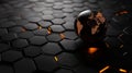 Black background with glowing hexagonal grids and a globe icon