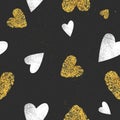 Black background with gold glitter hearts and white hearts with grunge texture. Valentines Day, romantic, trendy fashion