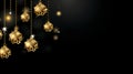 Black background, golden ornaments, shiny stars, hanging decorations, festive, glowing, beautiful, holiday, Christmas