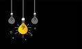 Black background with group of light bulbs, lighted bulb protruding in the group. Bright and creative concept idea. Vector Royalty Free Stock Photo