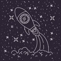Black background with hand drawn space rocket launching in starry sky Royalty Free Stock Photo