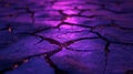 A black background highlights an abstract ground surface with light cracks. Grey and purple glowing holes are defined Royalty Free Stock Photo