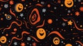 a black background with orange and black halloween faces