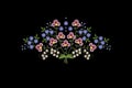 Black background with a pattern for embroidery, a bouquet of pink,blue and white flowers on twigs with leaves