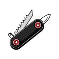 A black background with a silver and black multi-tool. The tool is a Swiss Army knife with a serrated edge Royalty Free Stock Photo