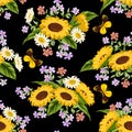 Black background with sunflowers and butterflies. Royalty Free Stock Photo