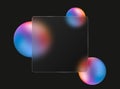 Black background with three-dimensional colored spheres and a square transparent glass morphism plate in the center. Royalty Free Stock Photo