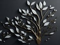 Black background with white branches and leaves.