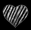 On a black background, a white large, striped heart