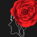 On a black background with white lines, the profile of a beautiful woman. On the head instead of a hairstyle is a bright red rose Royalty Free Stock Photo