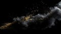 a black background with white smoke and gold flecks. generative ai