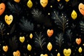 a black background with yellow hearts and leaves Royalty Free Stock Photo
