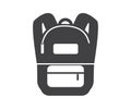 Black backpack design front logo design. Realistic youth pack of fabric for study or sport with shadows isolated.