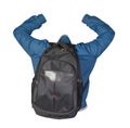 Black backpack dressed in a blue jacket isolated on a white background Royalty Free Stock Photo