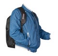 Black backpack dressed in a blue jacket isolated on a white background Royalty Free Stock Photo