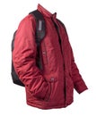 Black backpack dressed in a red jacket isolated on a white background Royalty Free Stock Photo