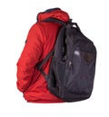 Black backpack dressed in a red jacket isolated on a white background Royalty Free Stock Photo