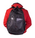 Black backpack dressed in a red jacket isolated on a white background Royalty Free Stock Photo