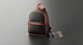 Black Backpack with Orange Trim, Colored Pencils, School Bag, Student Backpack, 3D Render Royalty Free Stock Photo