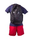 backpack sports shorts t-shirt isolated on white foane. clothes for every day