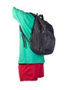 Backpack, sports shorts, t-shirt isolated on white foane. clothes for every day